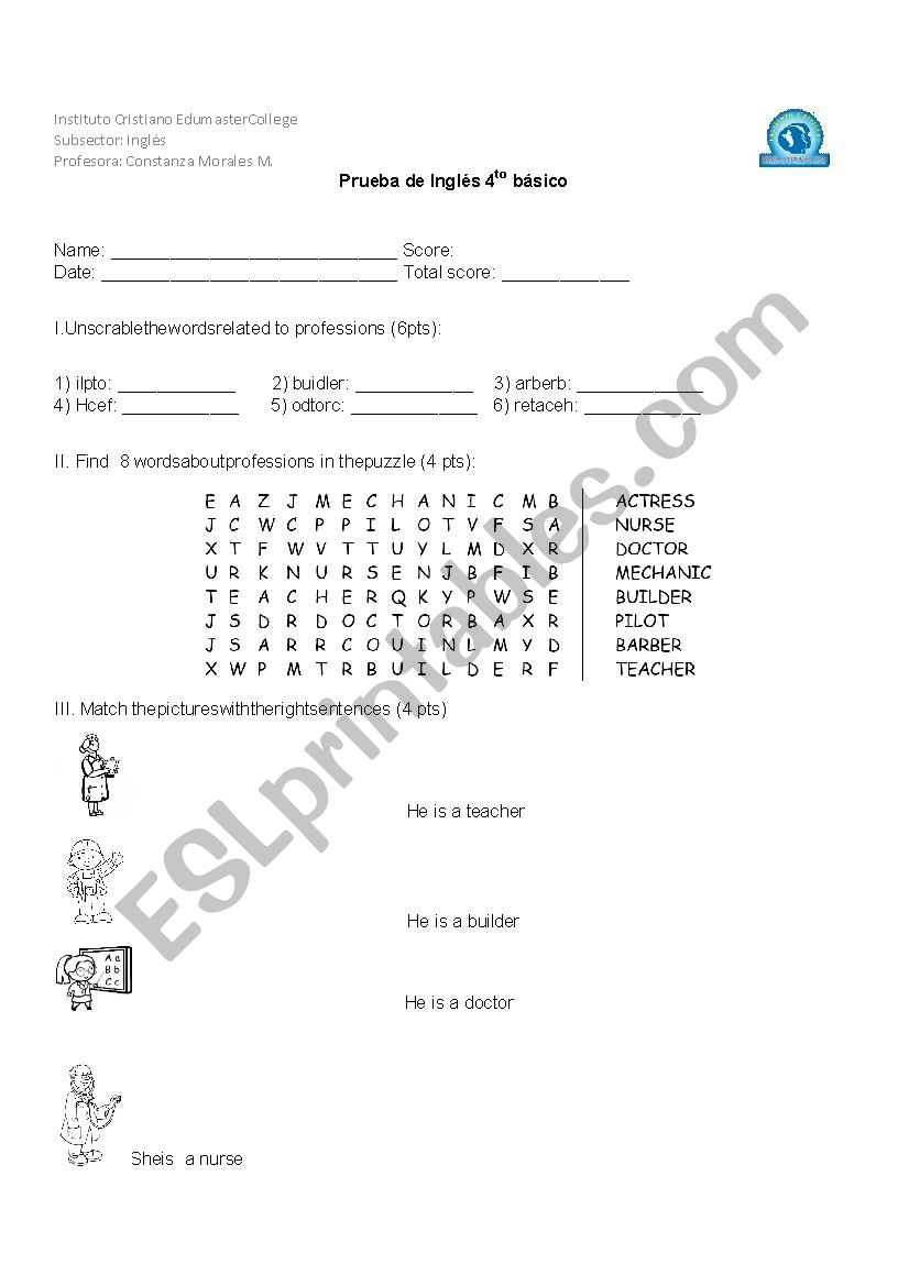 professions worksheet