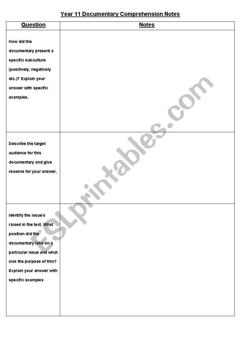 Documentary Note Taking Worksheet