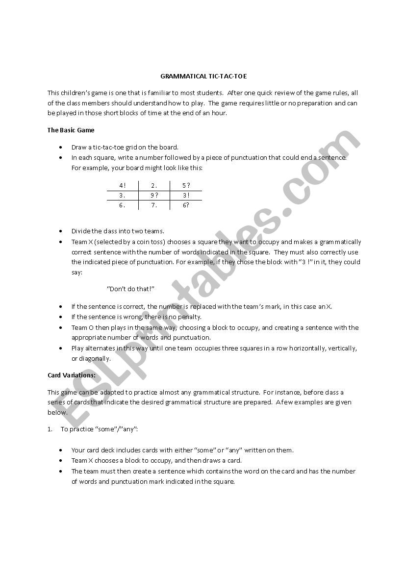Grammatical Tic Tac Toe worksheet