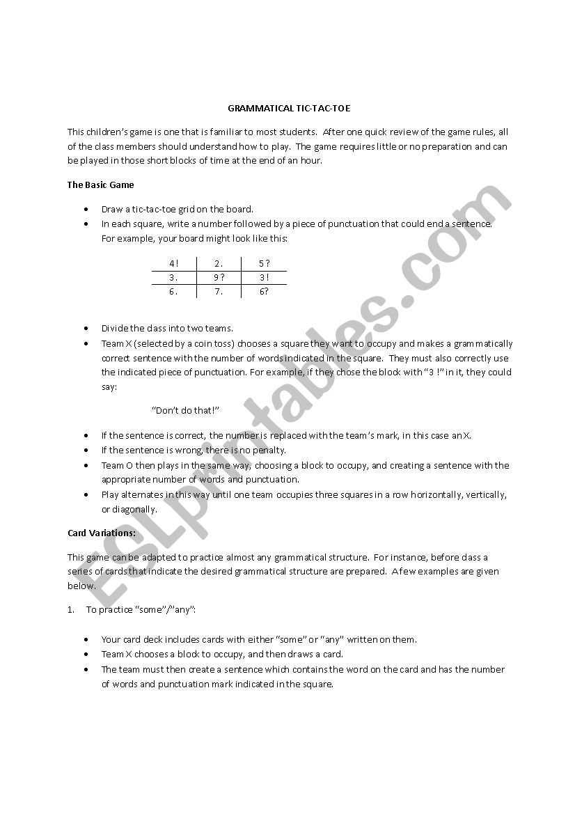 Grammatical Tic Tac Toe worksheet