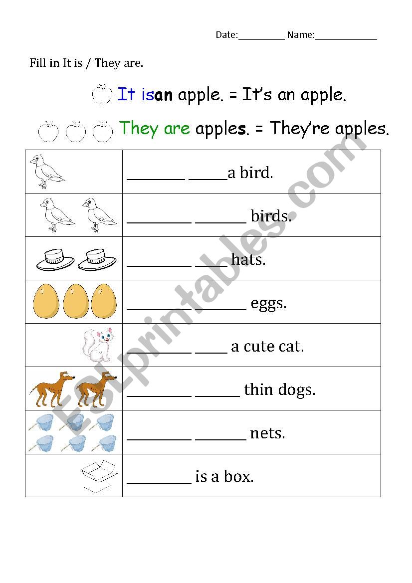 It is vs. They are worksheet