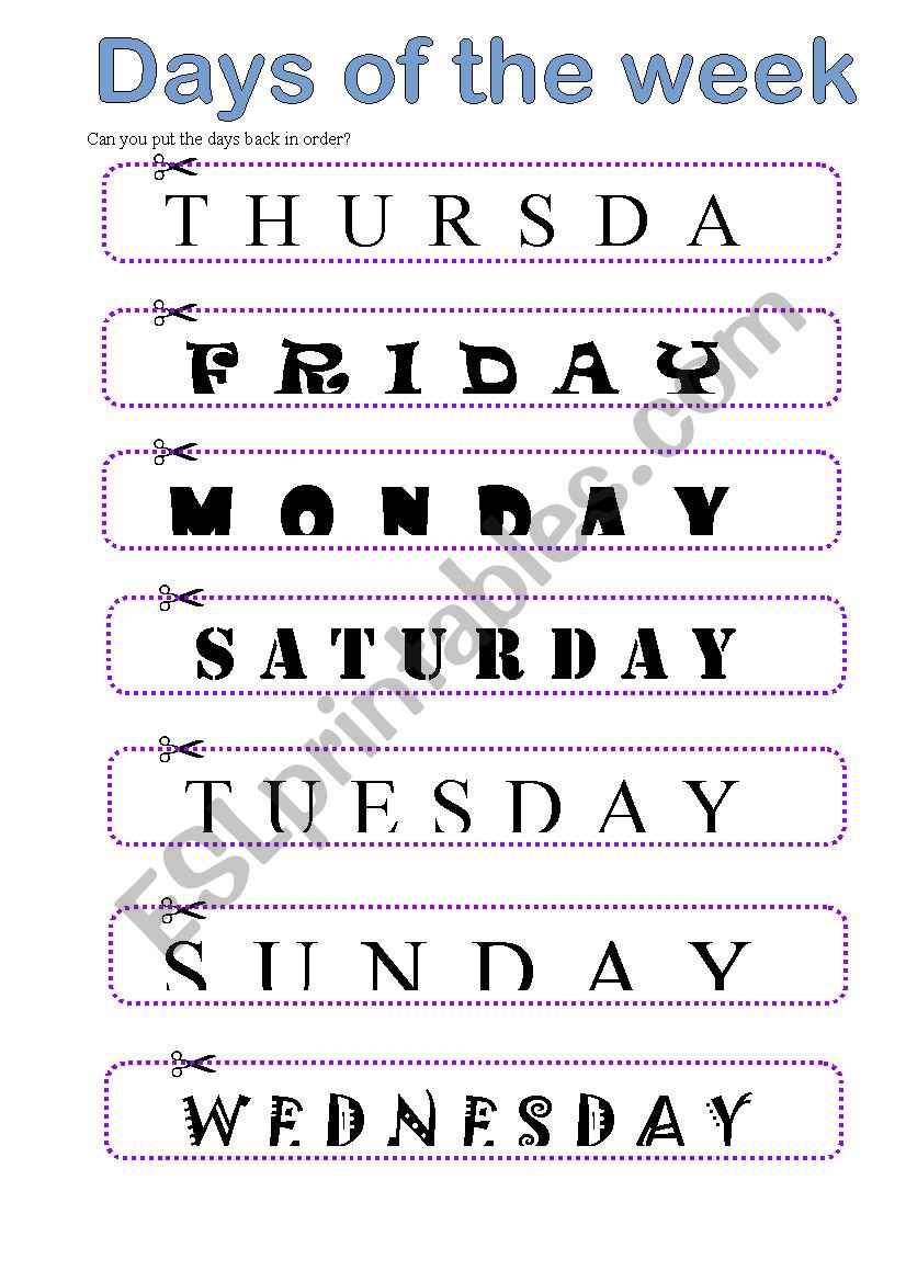 days of the week cut and paste