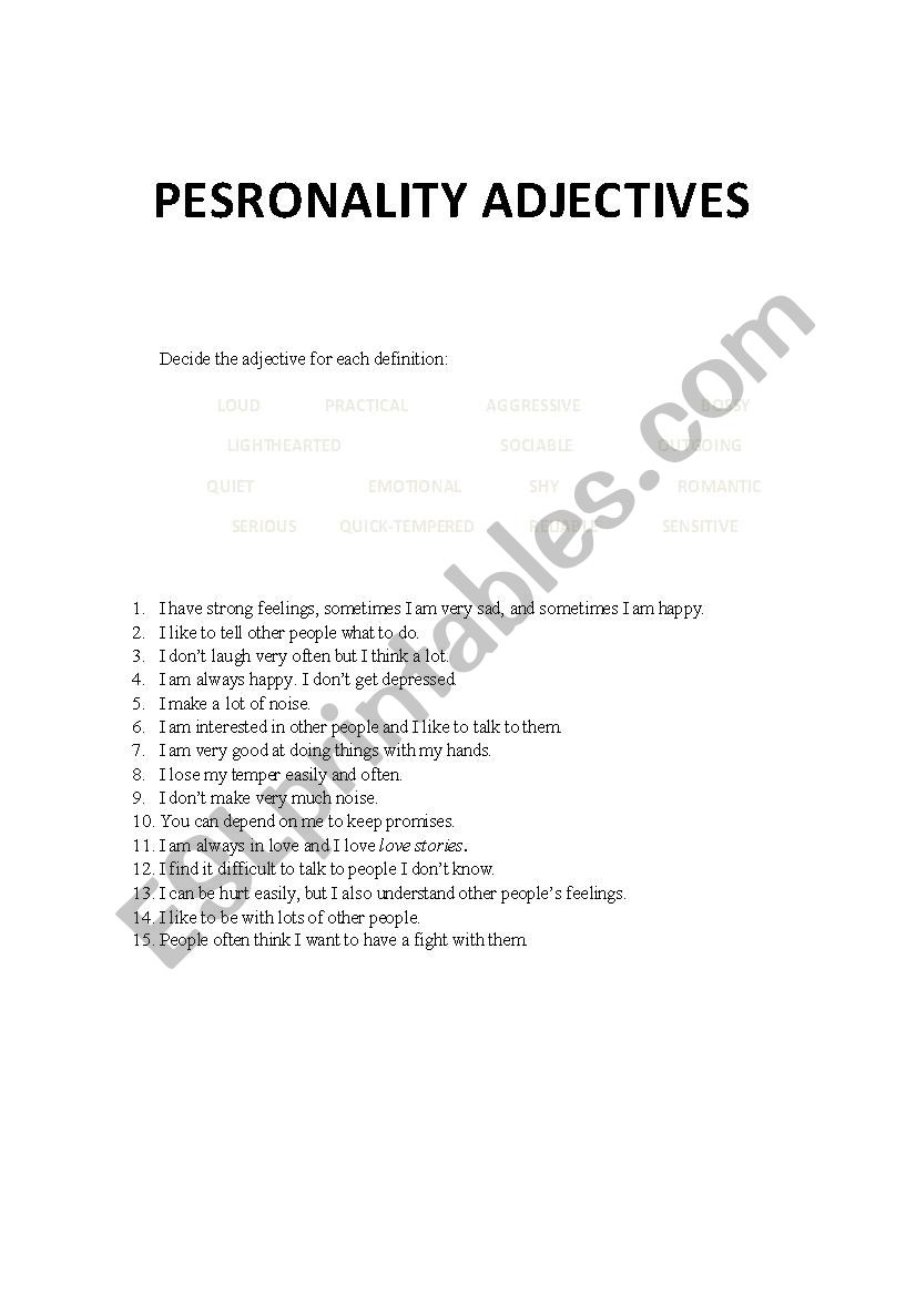 Personality adjectives worksheet