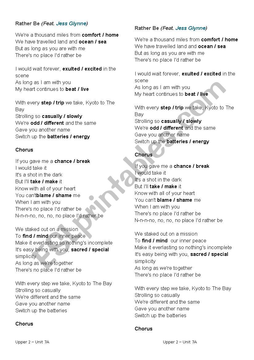 No Place I´d Rather Be - ESL worksheet by apcoelhotonolli