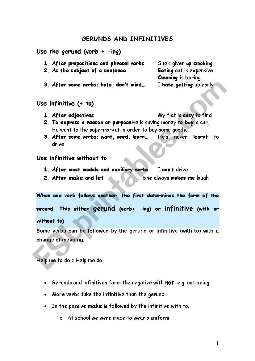 Gerunds and Infinitives worksheet