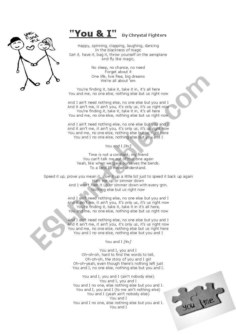 You & I by Crystal Fighters worksheet