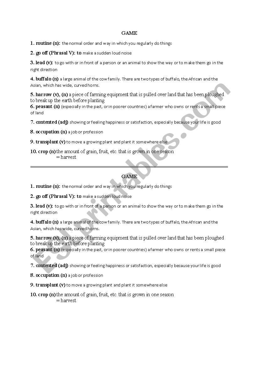 vocabulary game worksheet