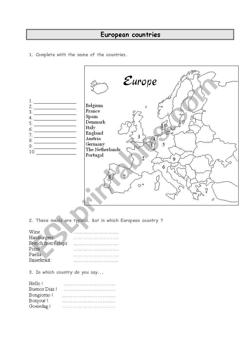 European countries worksheet