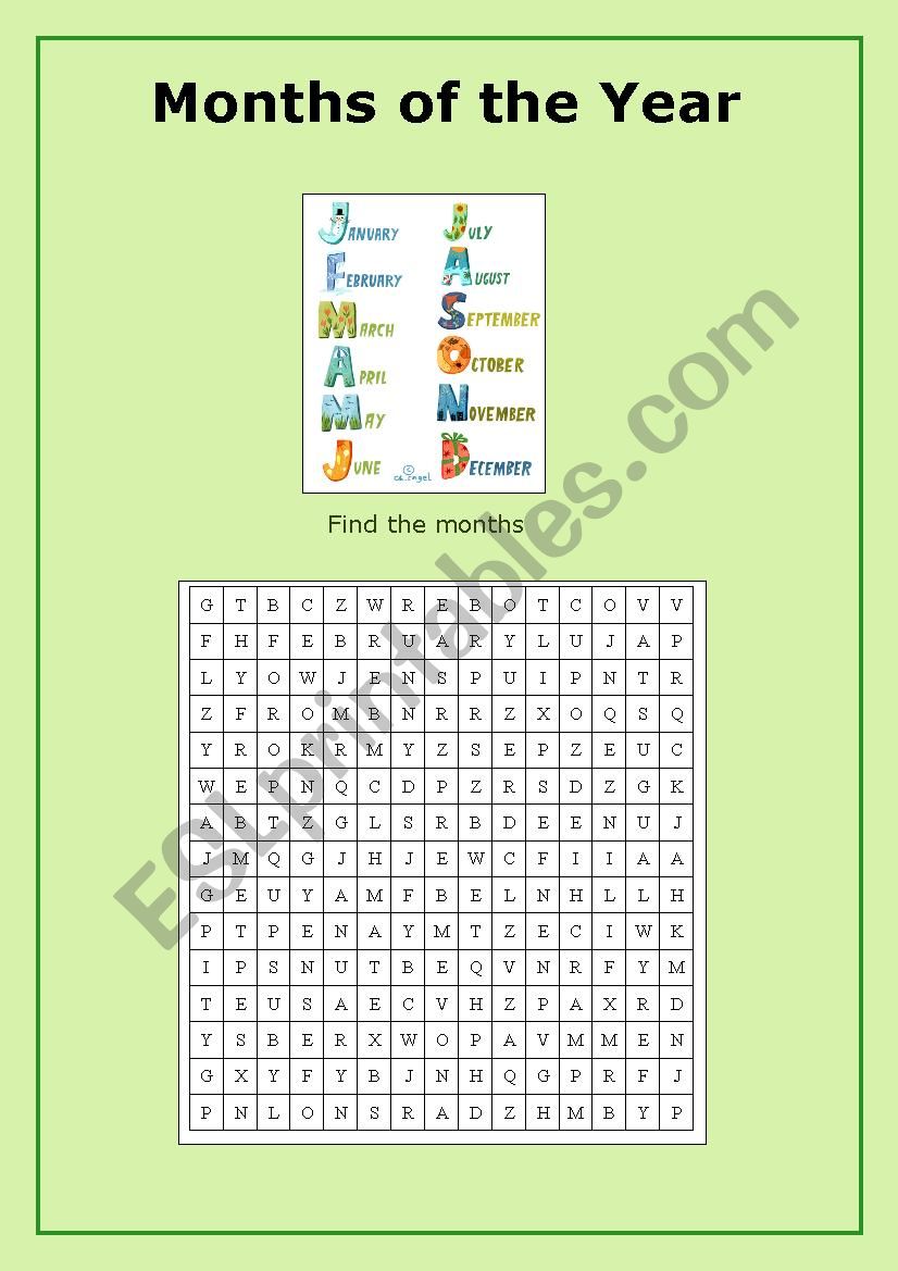 Months Wordsearch Puzzle worksheet