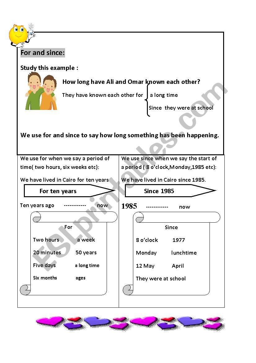 since and for worksheet