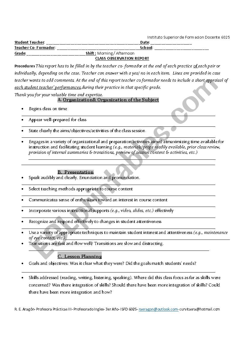 Report for Student Teachers worksheet