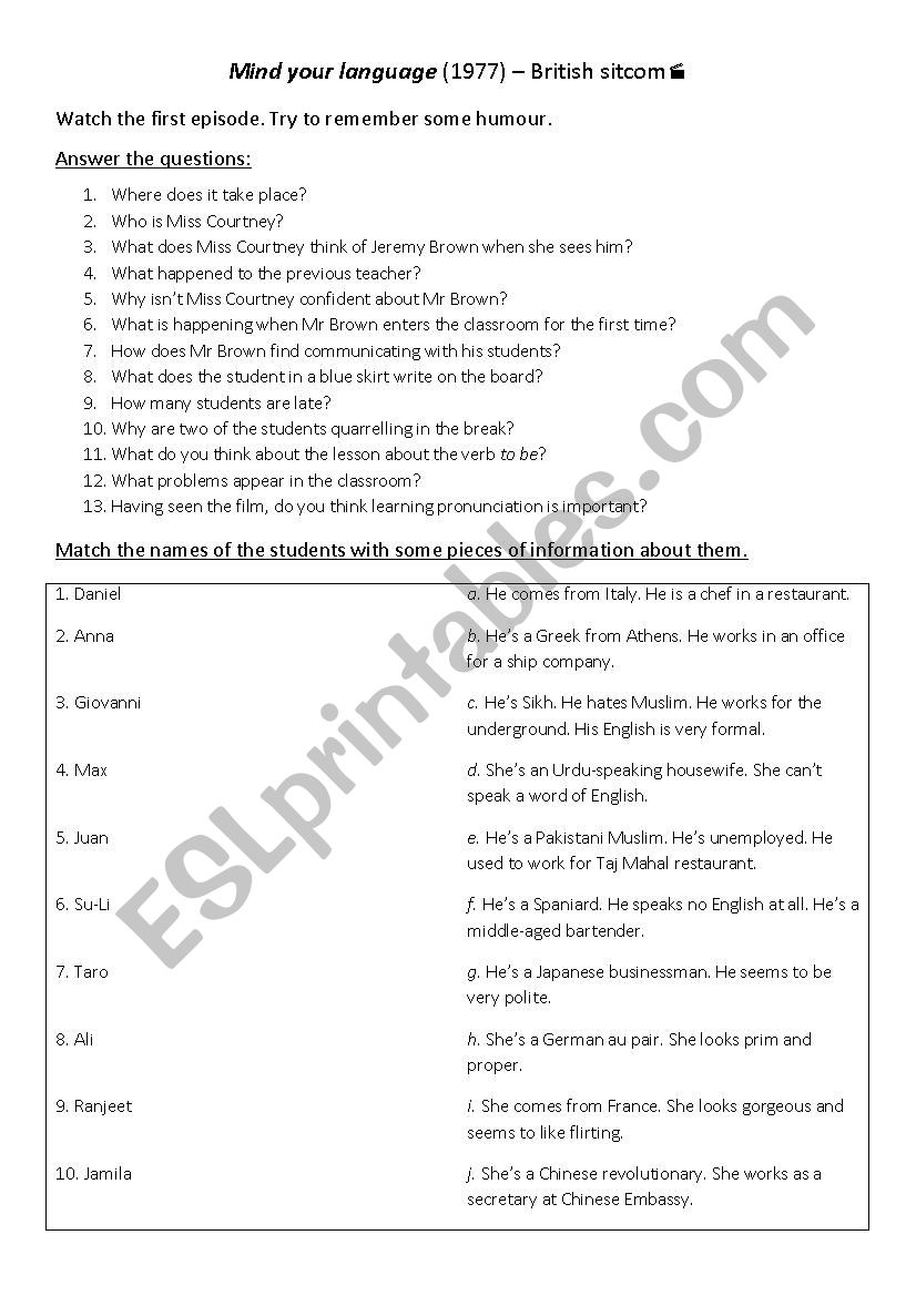 Mind your language vidoe worksheet episode 1 & 2