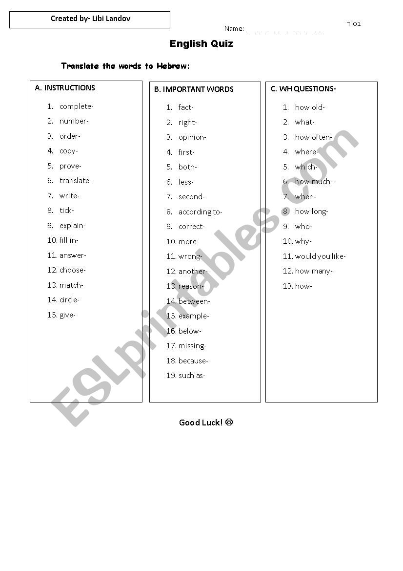 English instructions & wh questions