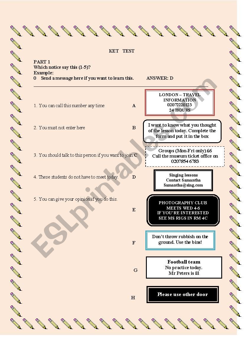 KET TEST Reading and Writing worksheet