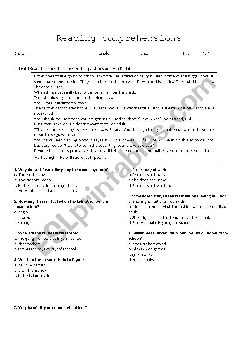 Reading comprehension worksheet