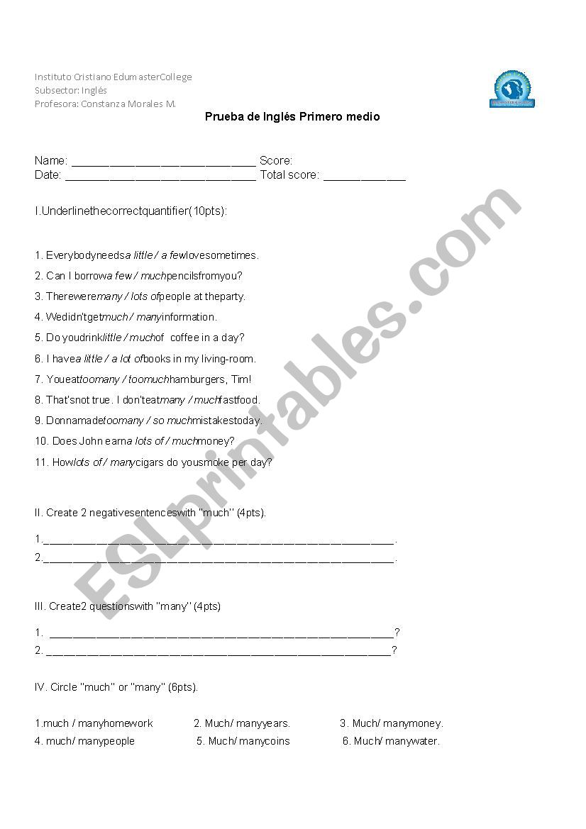 quantifiers test worksheet