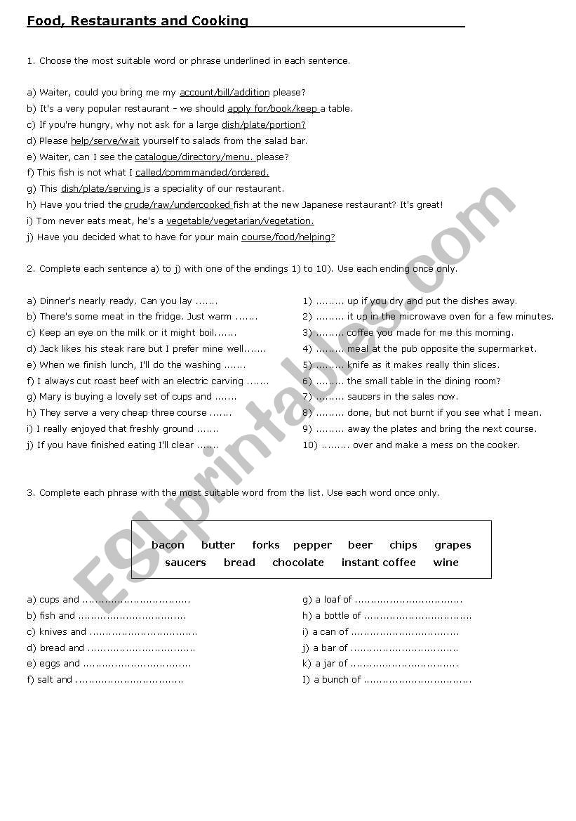 Food, restaurant and cookong worksheet