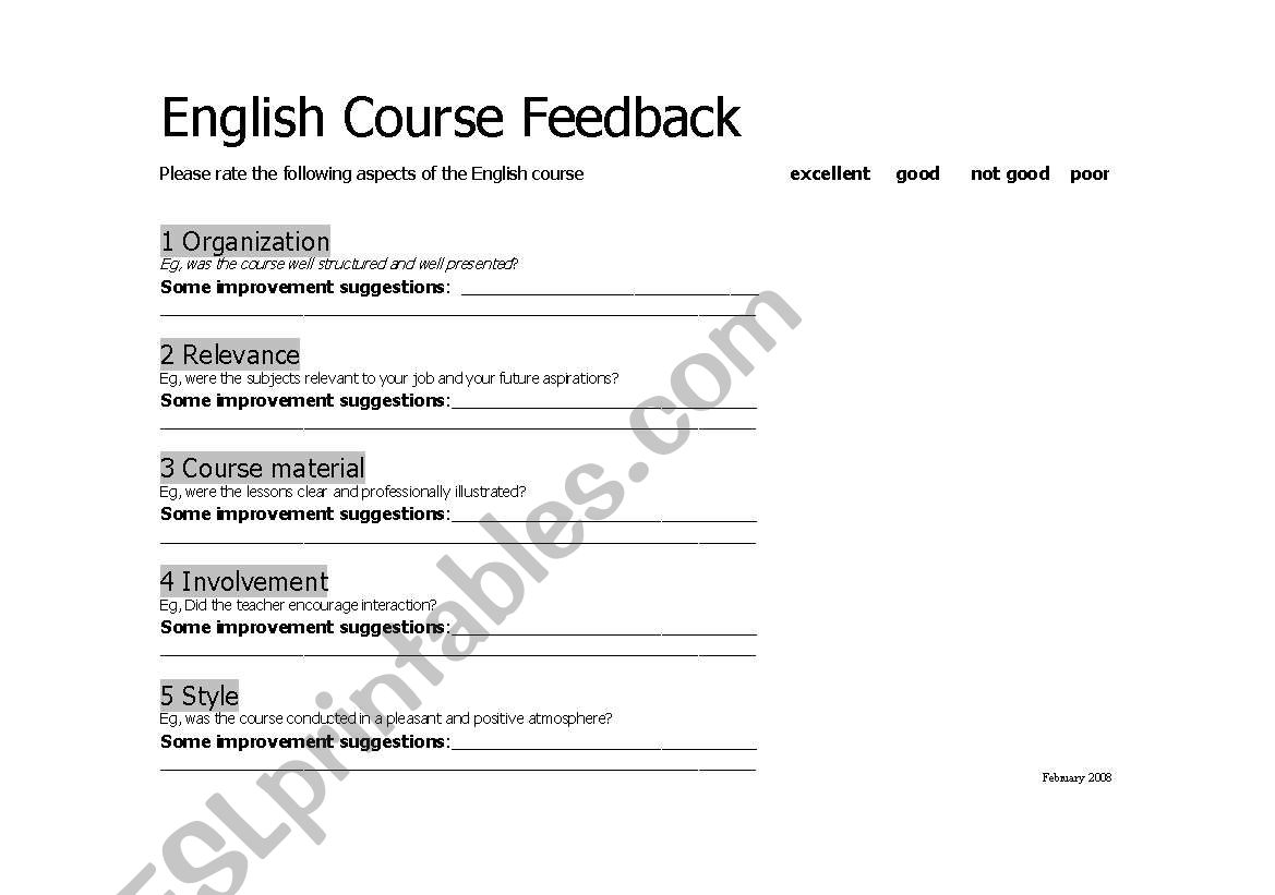 Couse Feedback worksheet