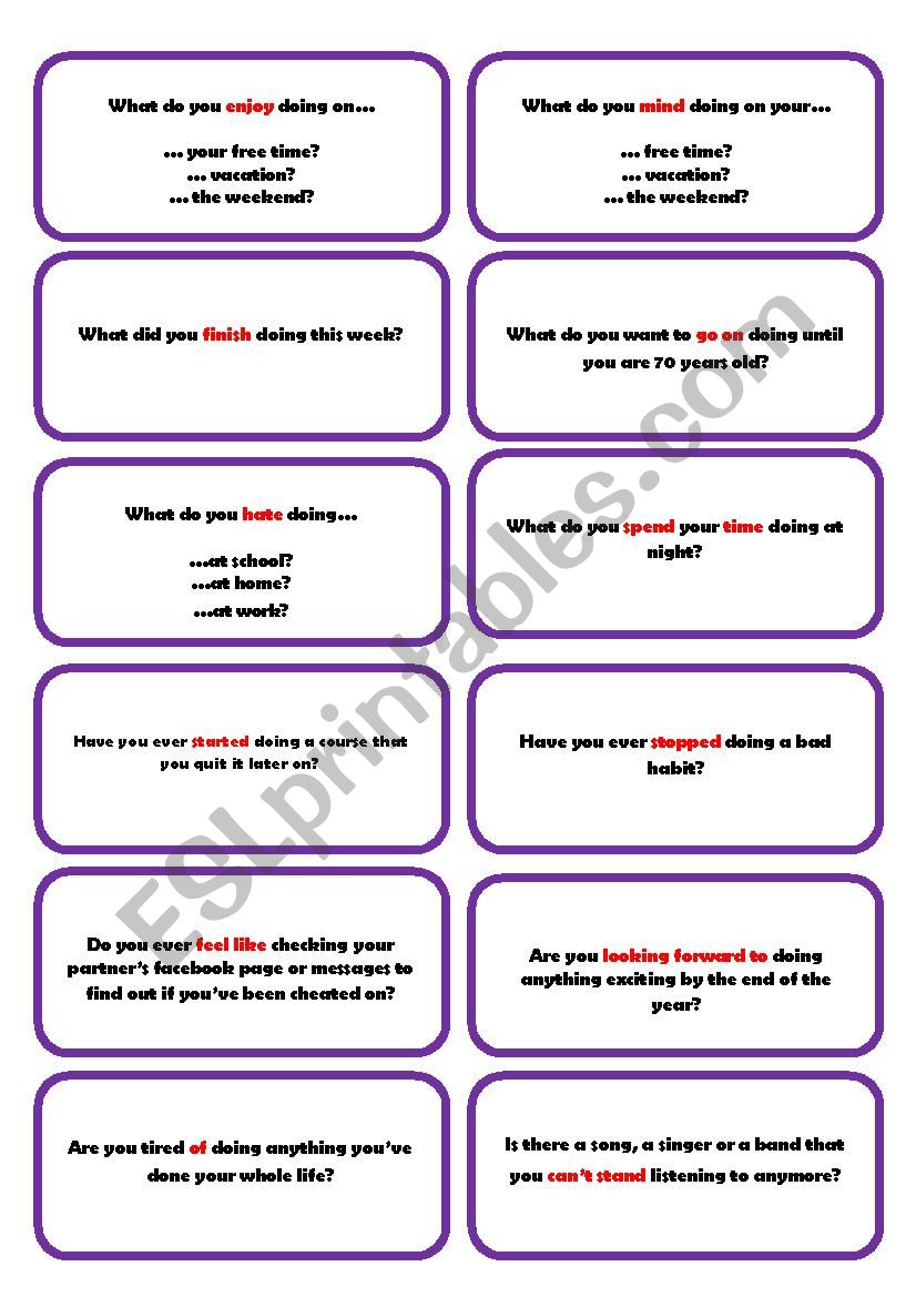 Gerund speaking cards worksheet