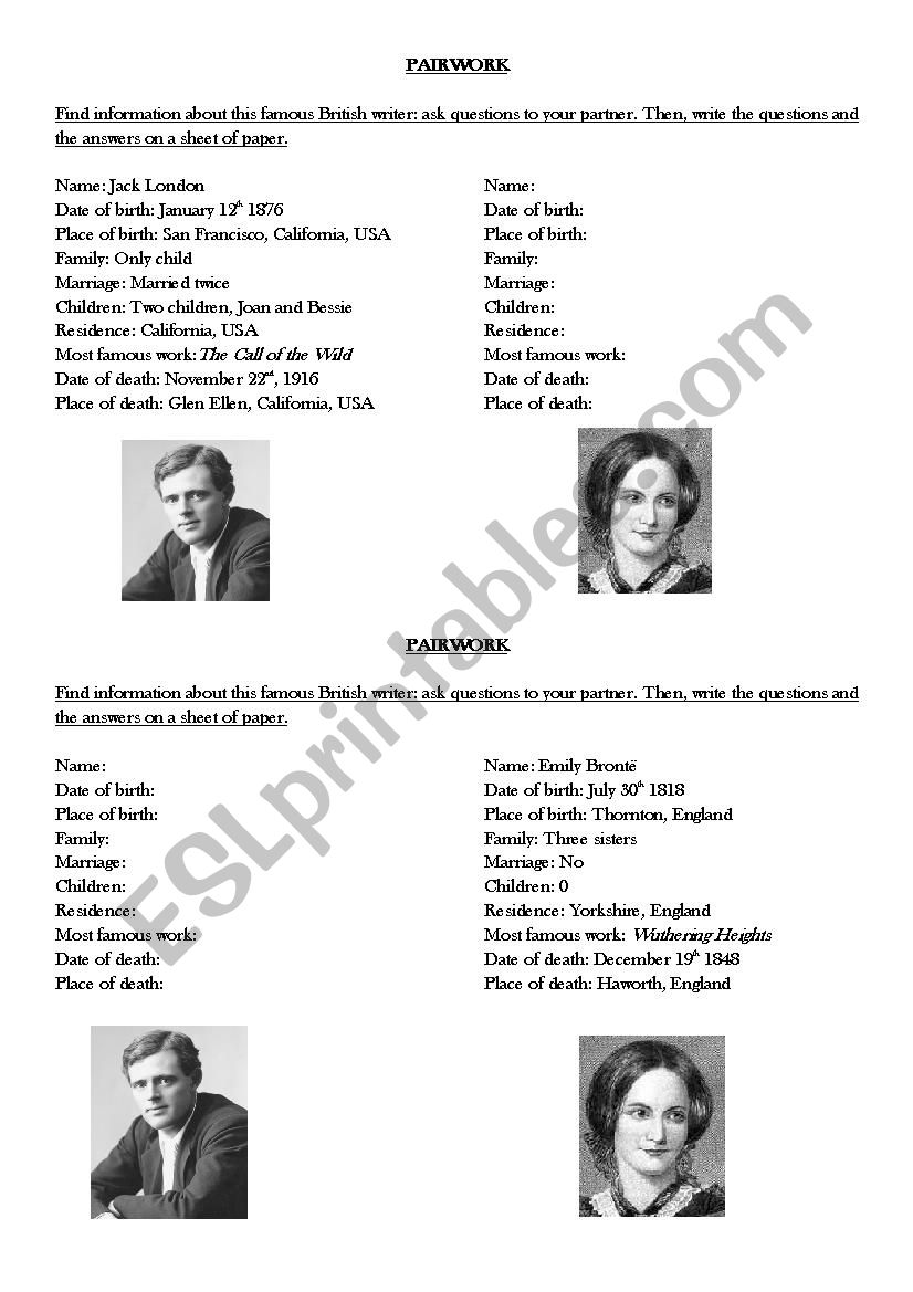 Famous writers worksheet