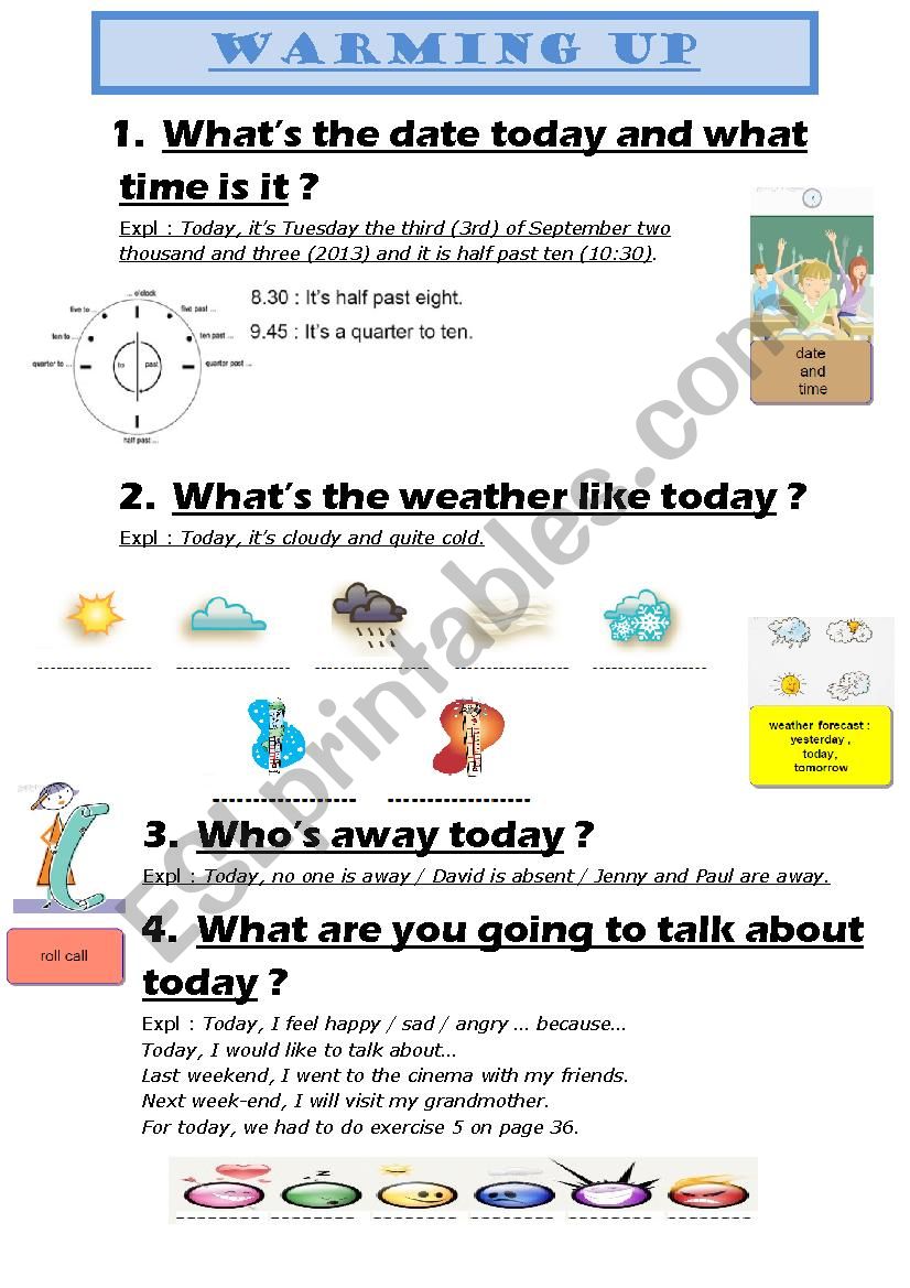 Warming up worksheet