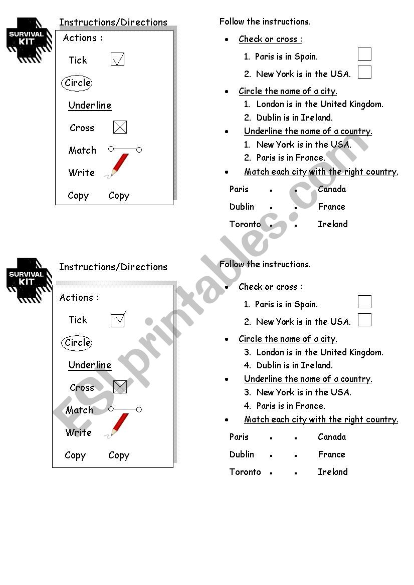 Directions worksheet