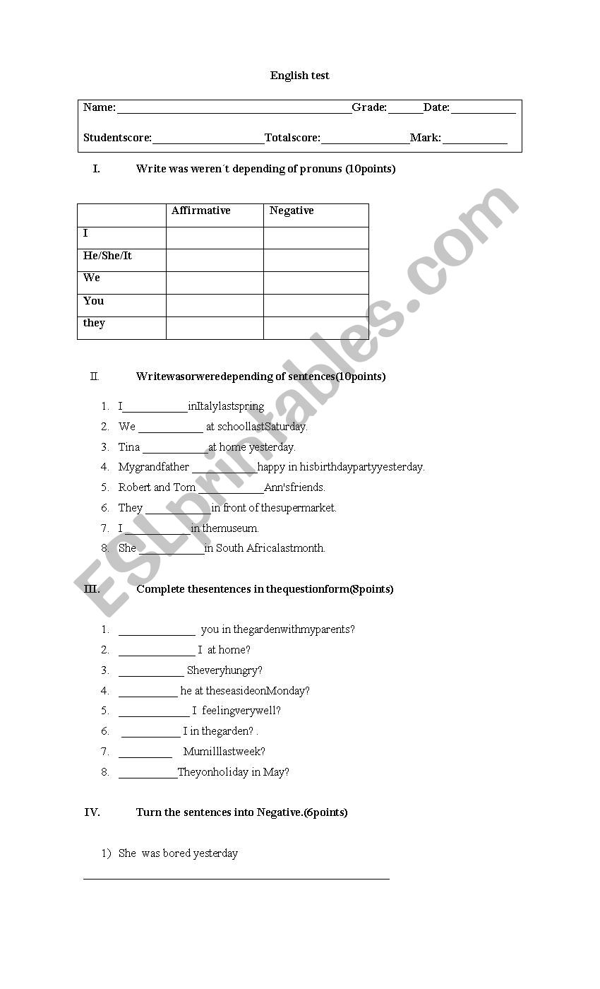 test past verb to be and preposition 