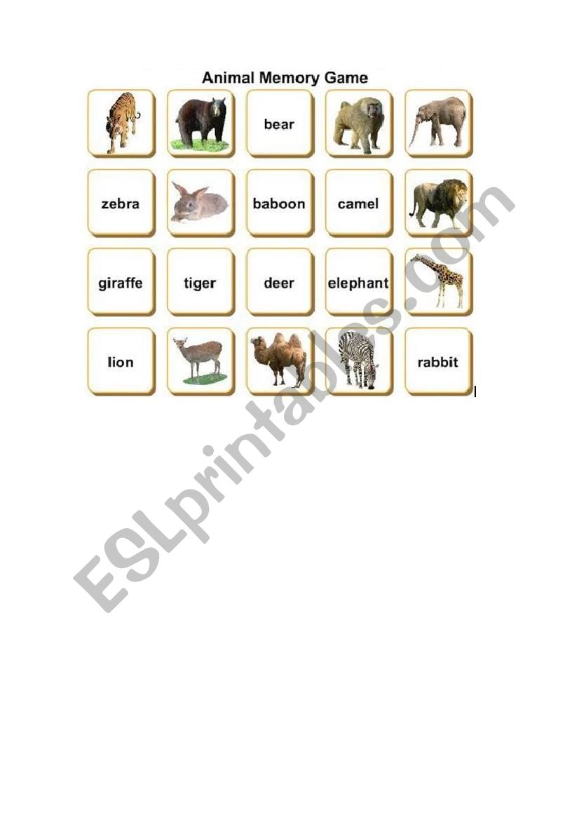 Animals memory game worksheet