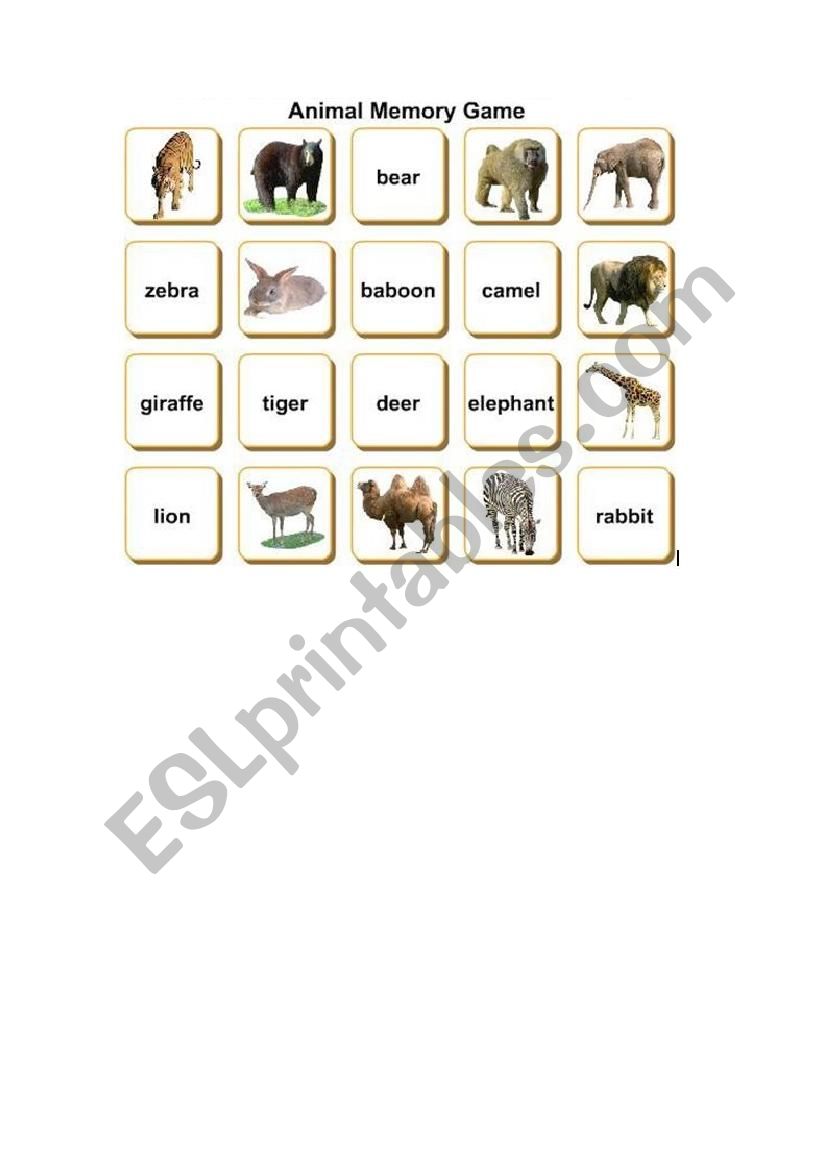 Animals memory game worksheet