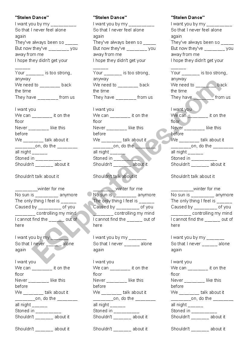 Stolen Dance -  Milky Chance worksheet