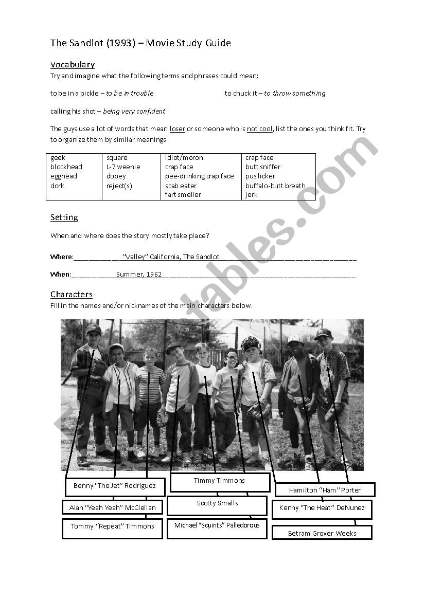 Sandlot Film Worksheet worksheet