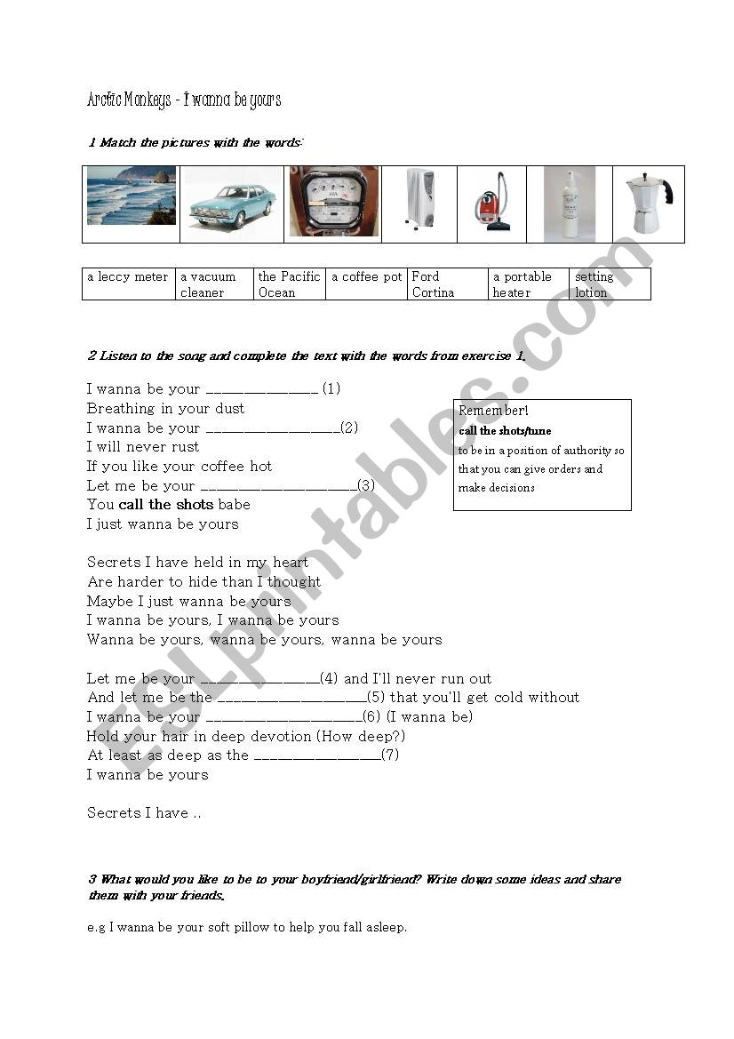 arctic monkeys - I wanna be yours song worksheet