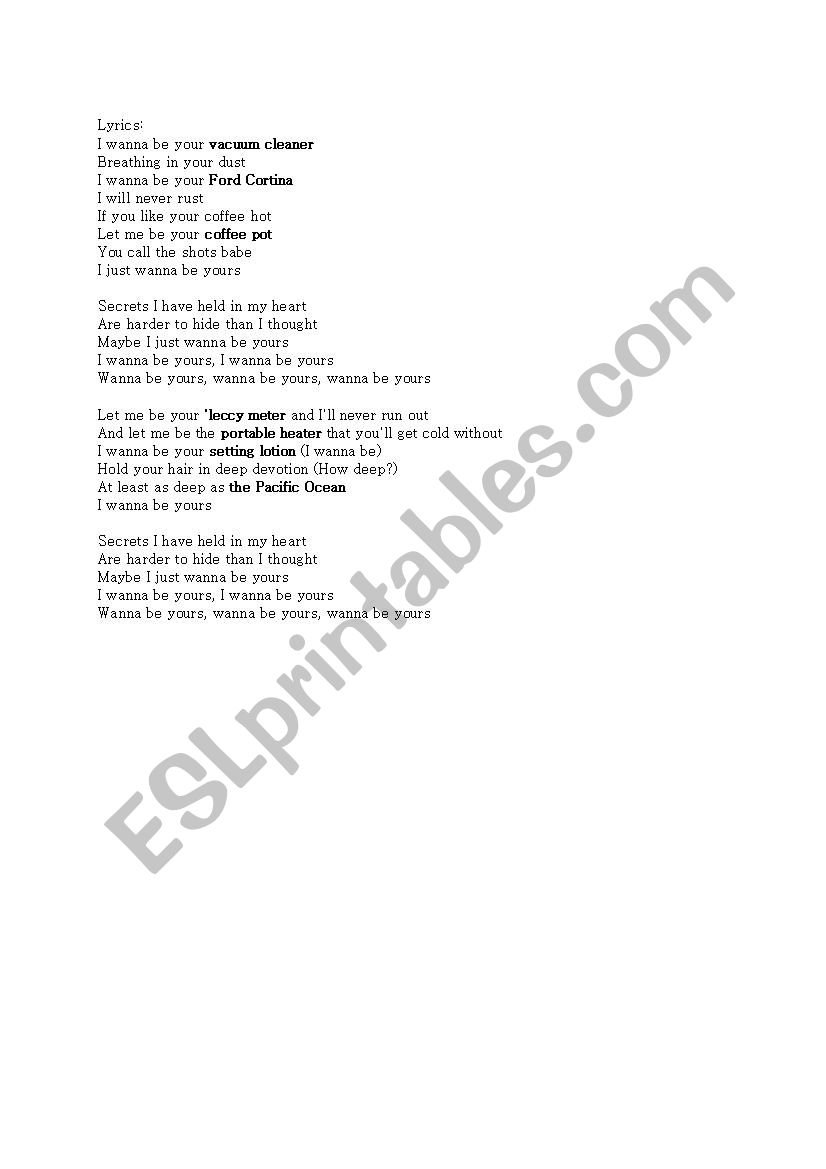 Arctic Monkeys I Wanna Be Yours Song Worksheet Esl Worksheet By Luciana014