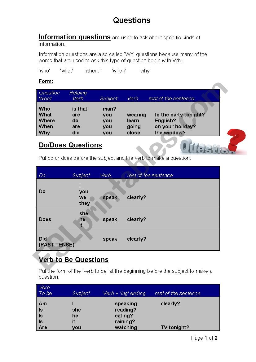 Question Types worksheet