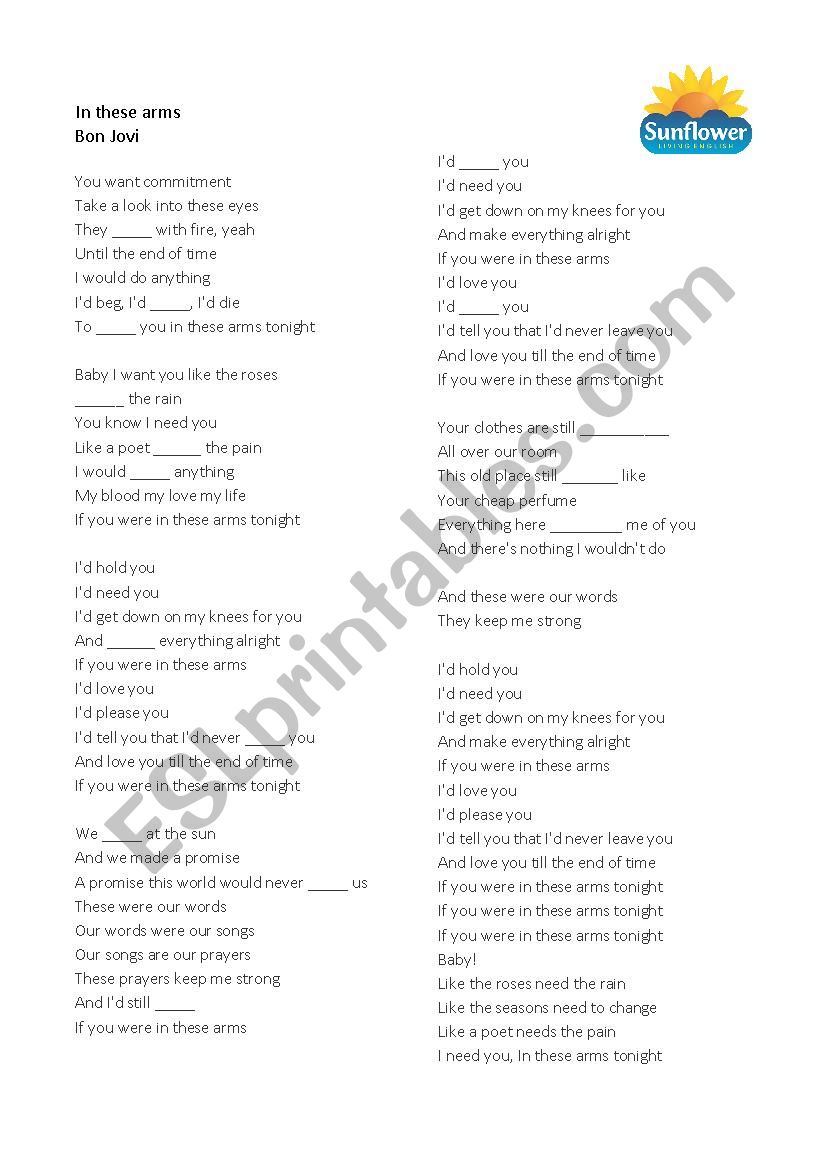 Song - In these arms  worksheet