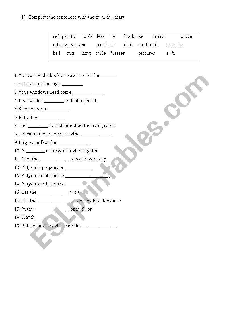 Furniture worksheet