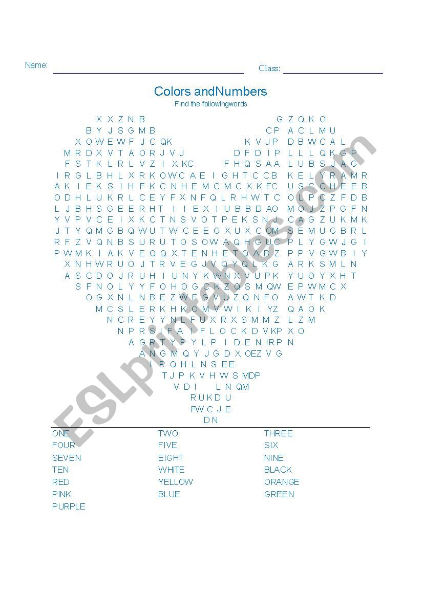 Colors and numbers word search 