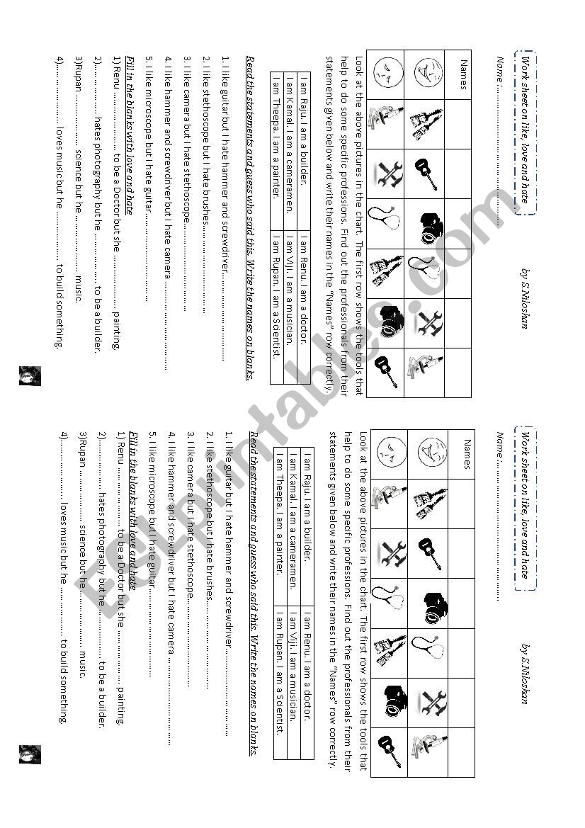 Love, Like and Hate worksheet