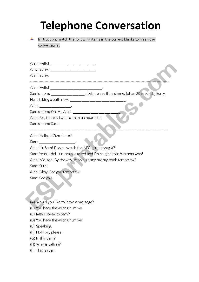 Telephone conversation worksheet