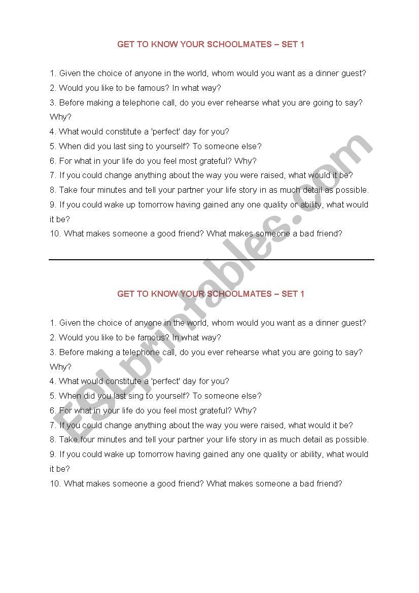 Get to know your schoolmates worksheet