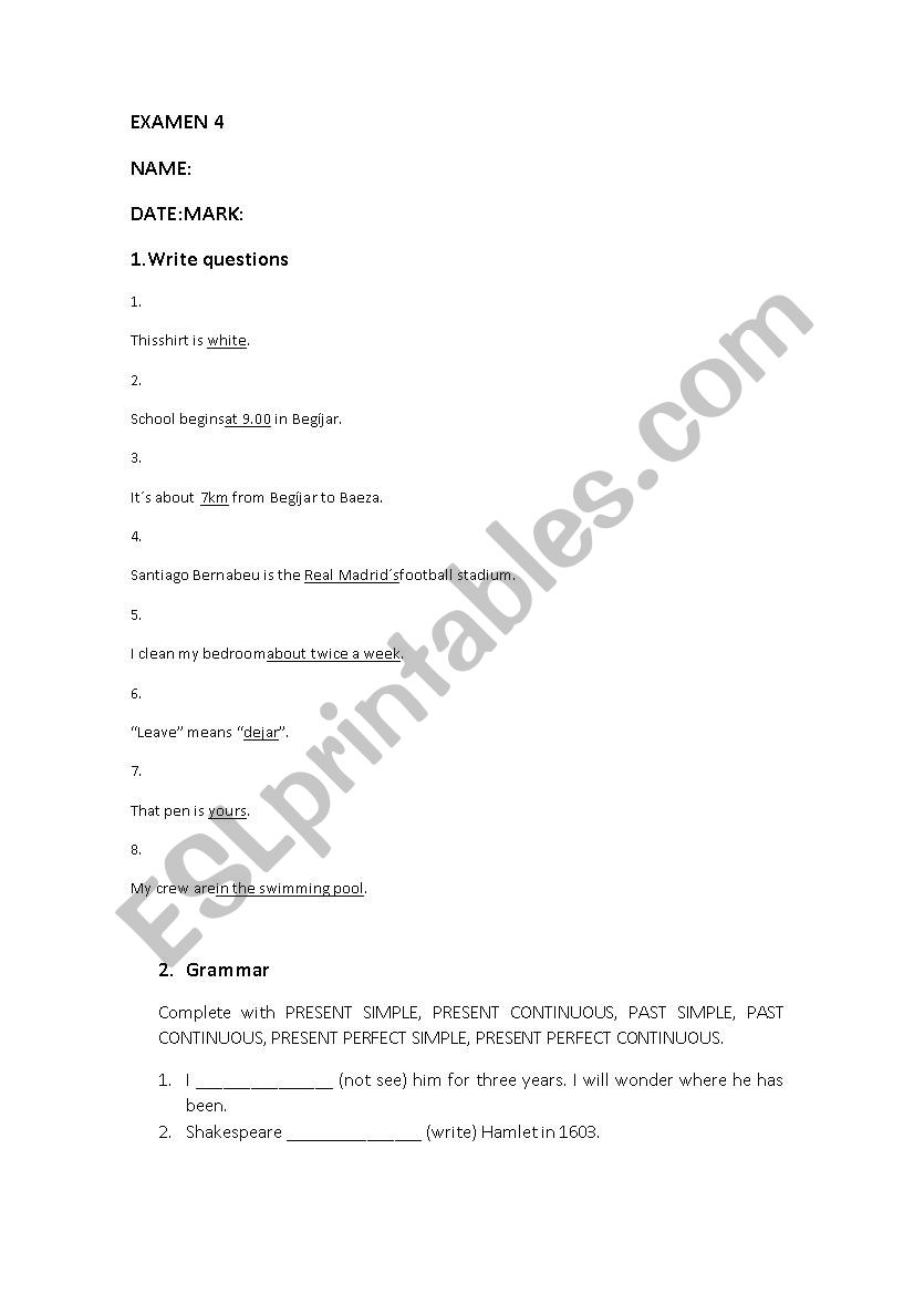 EXAM 1º BACH worksheet