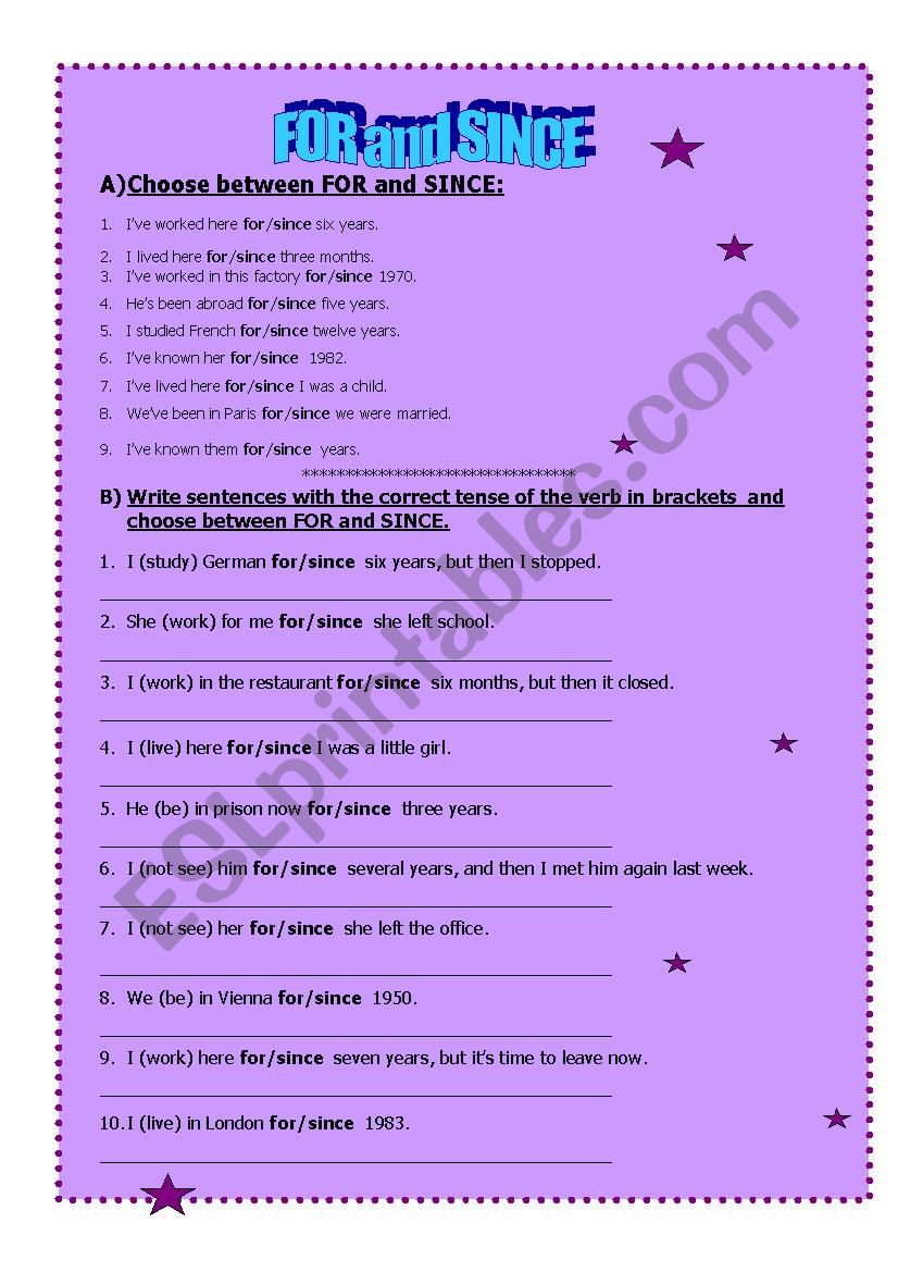 for & since worksheet