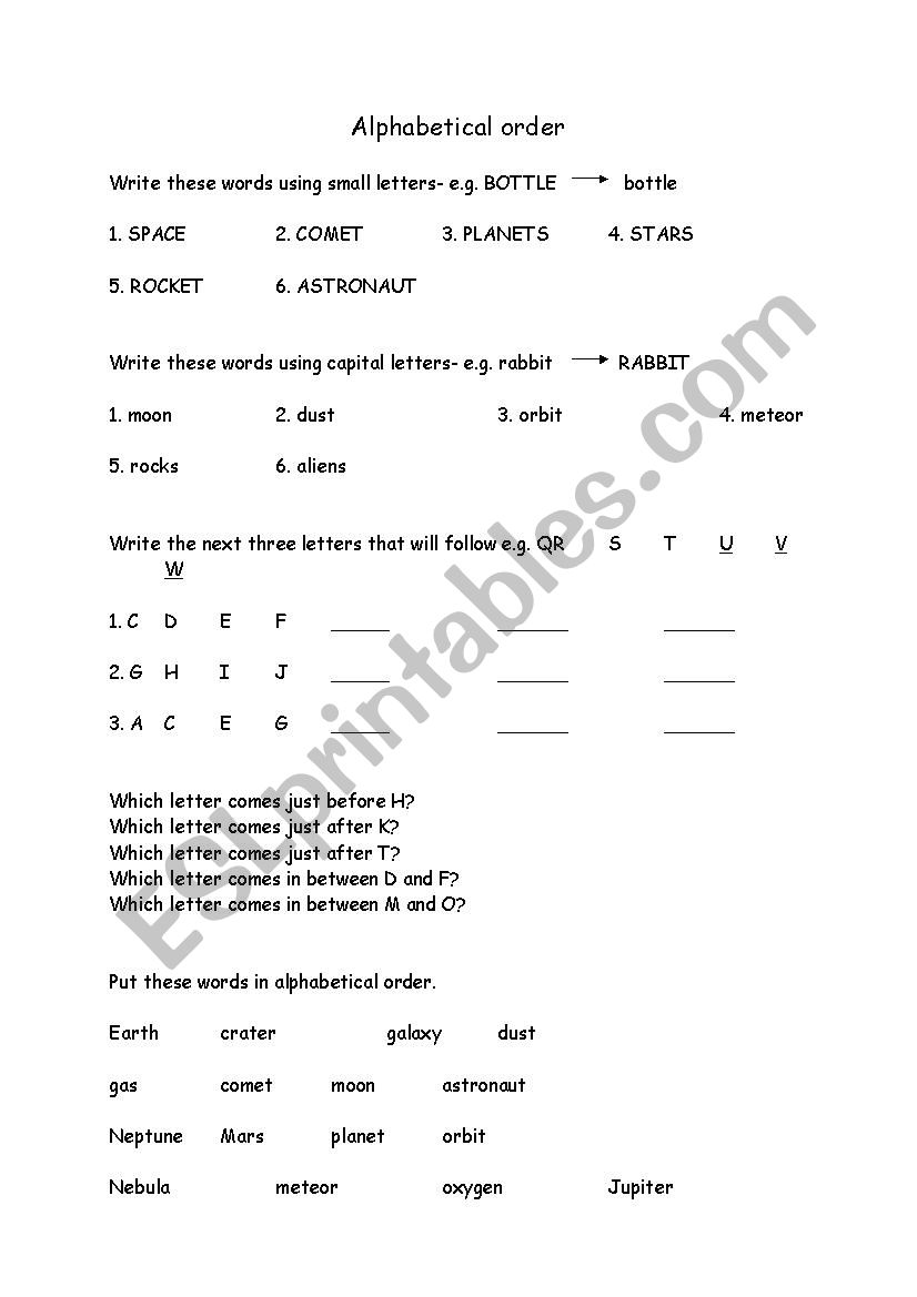 Space Alphabetical Order worksheet