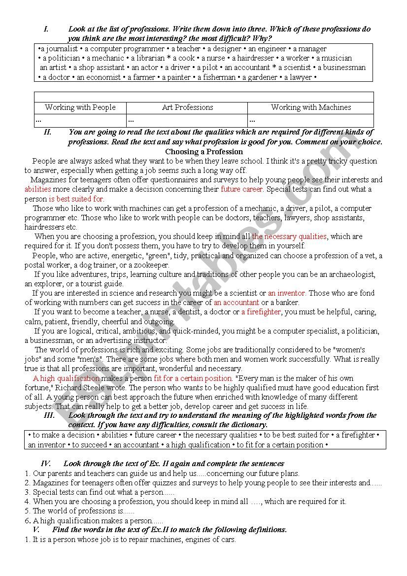 Career worksheet