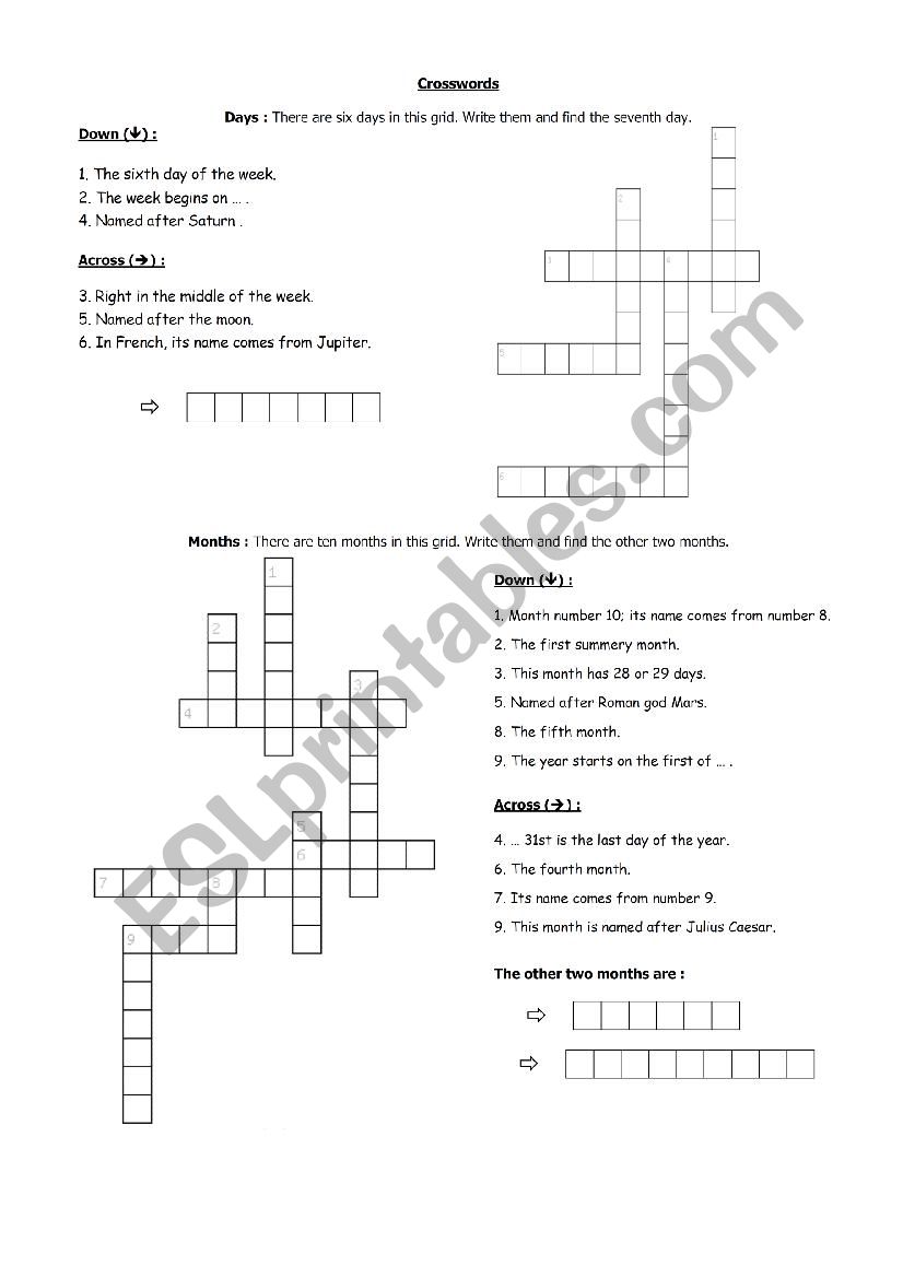 Days and months crosswords worksheet