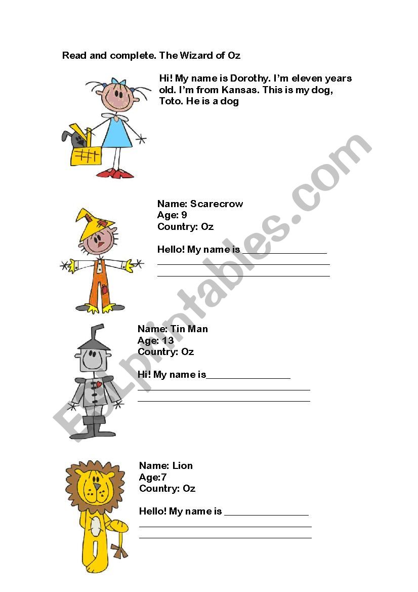 Wizard of oz worksheet