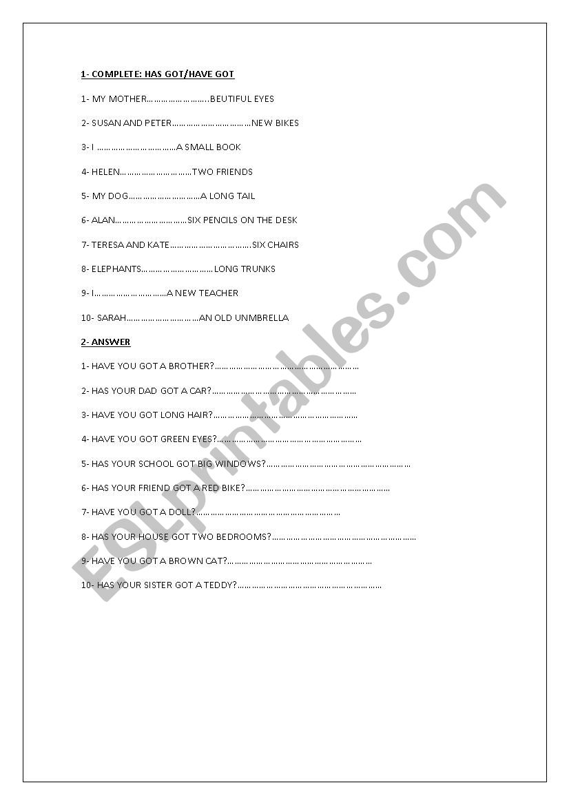HAVE GOT worksheet