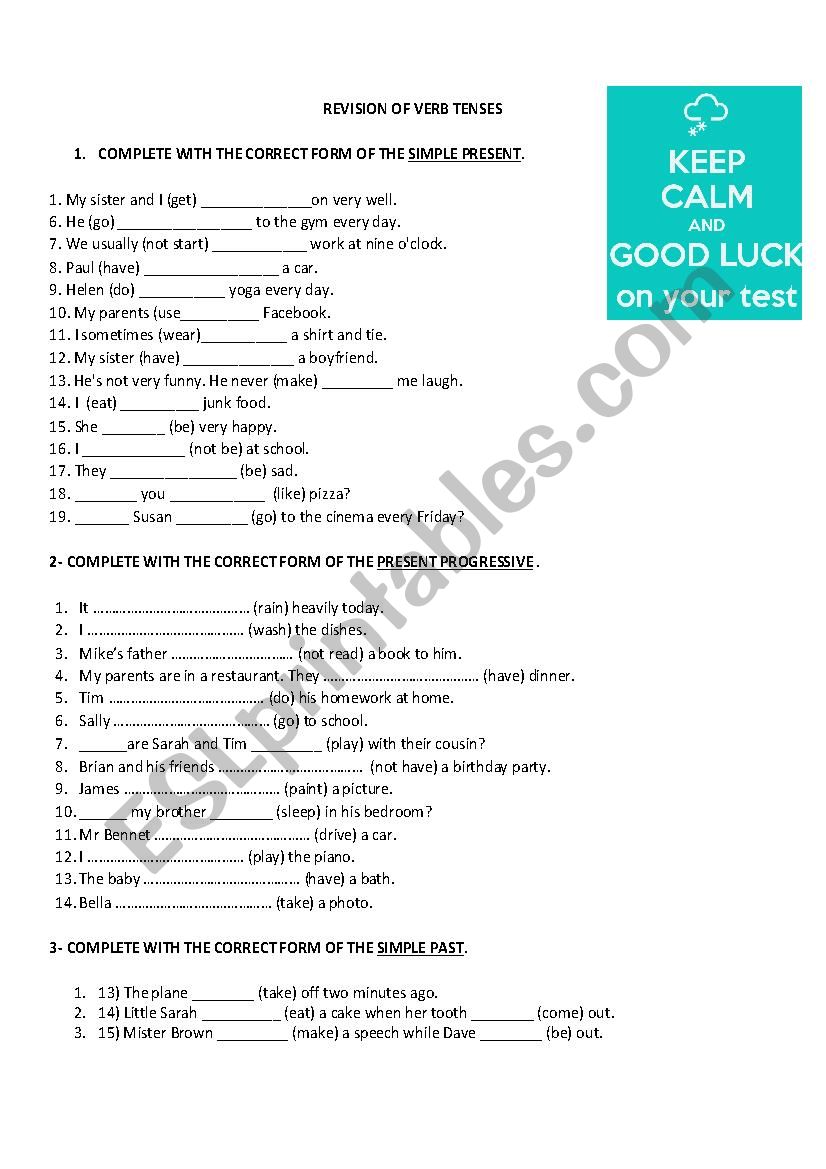 Revision of verb tenses worksheet