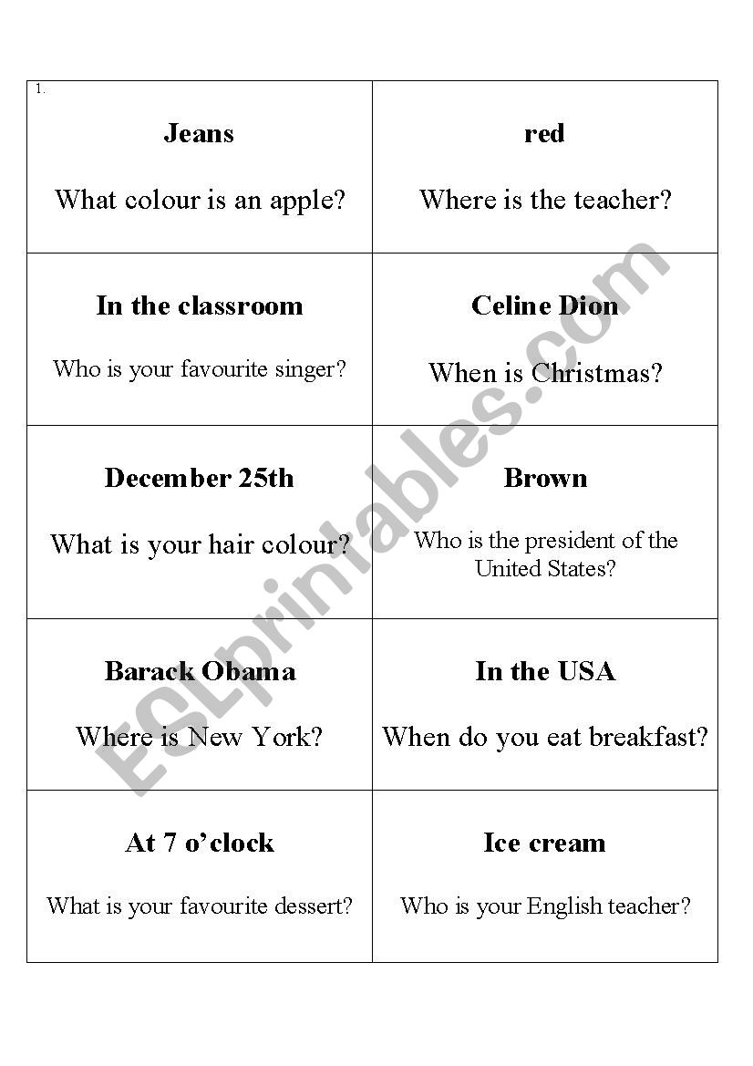 Question Race worksheet