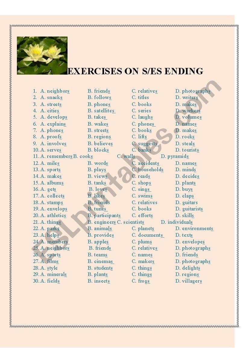 Exercise on S, ES ENDINGS worksheet